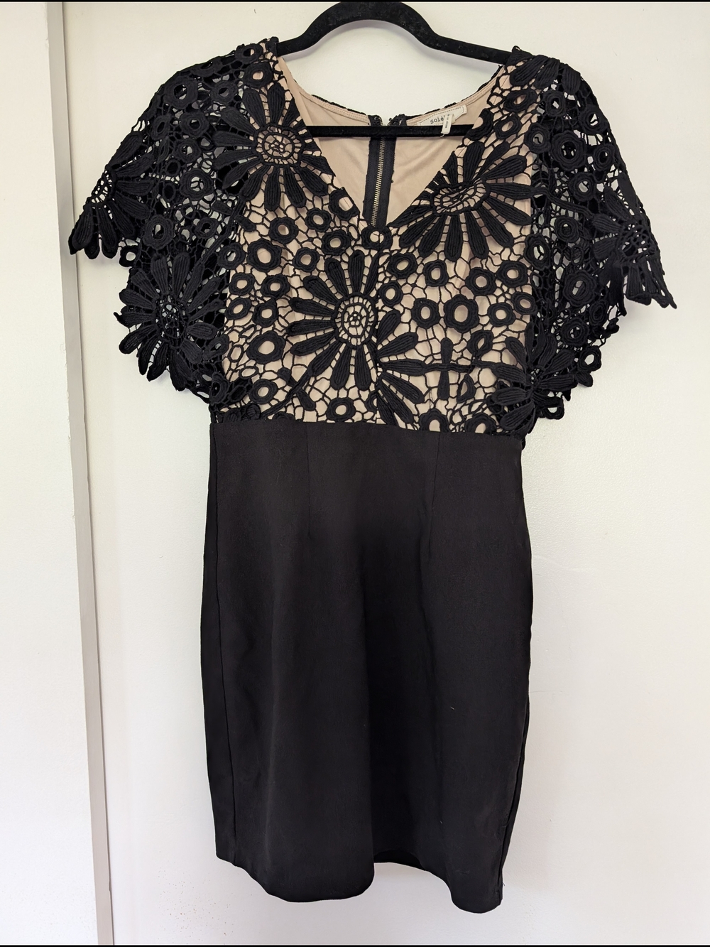 Soieblu Black Lace-Overlay Midi Dress with Nude Lining